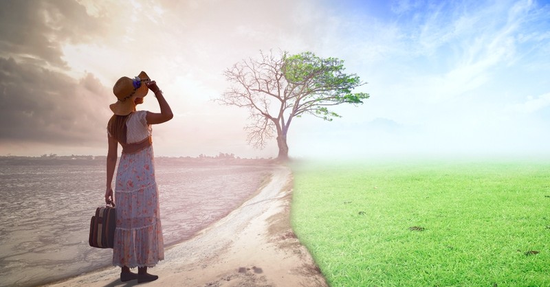 Woman in the desert looking at green grass and blue sky, comparison