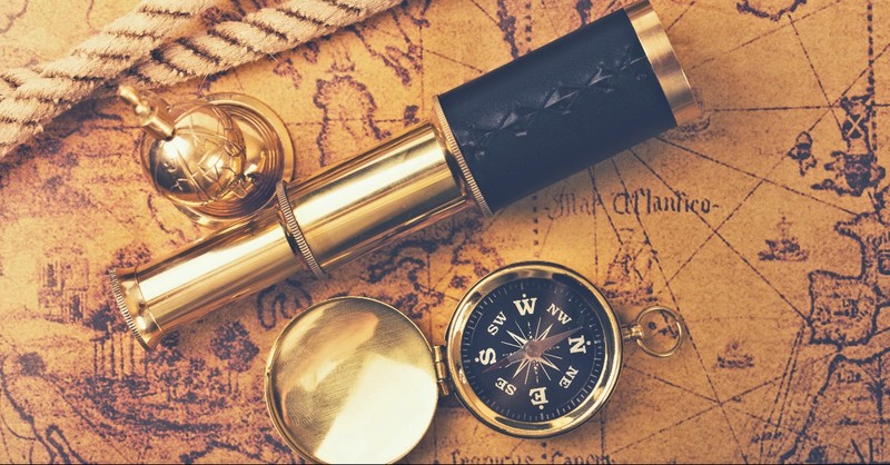 Antiquated map, spy glass, and compass