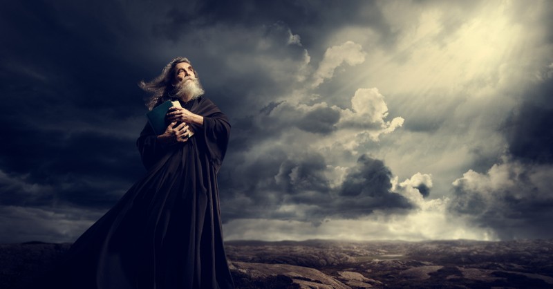 biblical character stands at the foot of a big storm, prophecy 