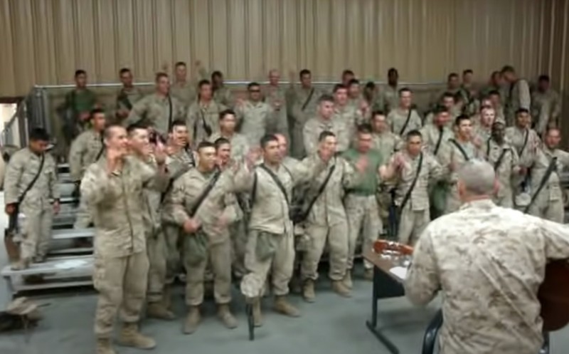 Group Of Marines Sing 'Lord, I Lift Your Name On High'