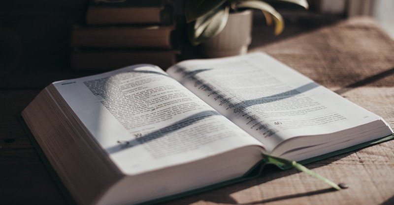 open Bible on table with light streaming in the morning