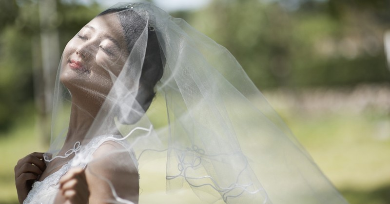 Peaceful, happy bride with a veil over her face