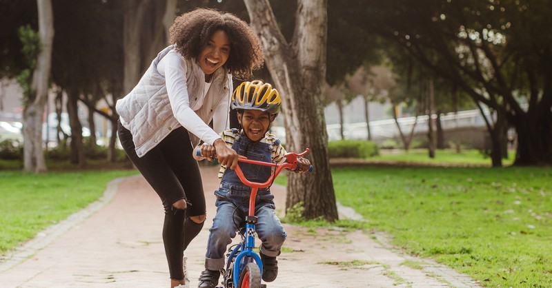 Mother and son biking