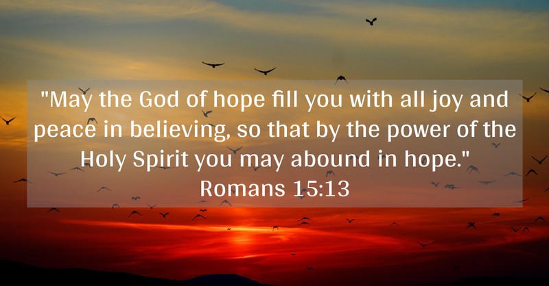 Romans 15:13 written out across sunset sky background