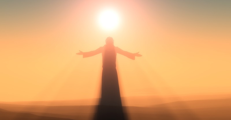 silhouette of jesus with sun behind, blessed assurance