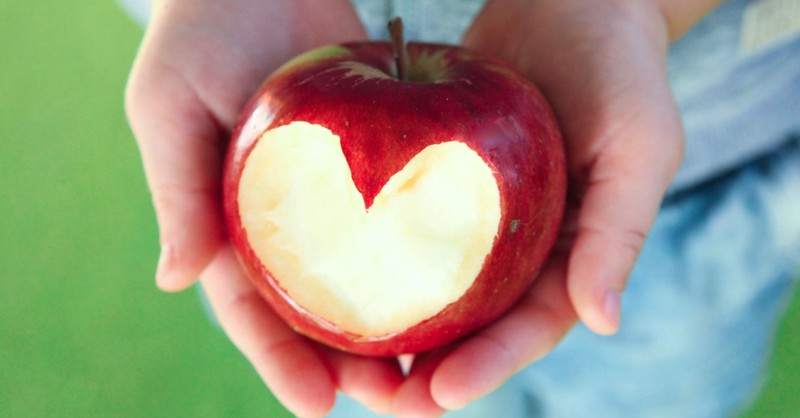 Apple with heart bitten out; demonstrate the fruit of the spirit. 