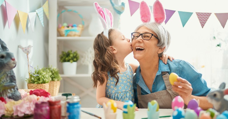 Happy grandma with grandchild on Easter
