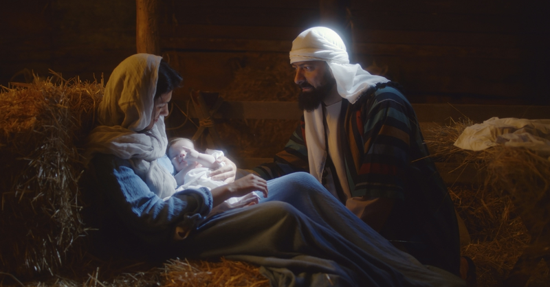 Mary and Joseph with Jesus as a baby in the nativity scene.