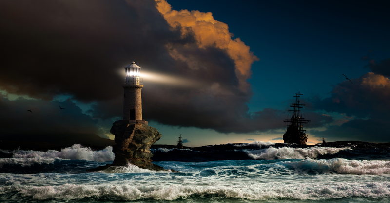 Lighthouse guiding sailboats, navigating a storm.