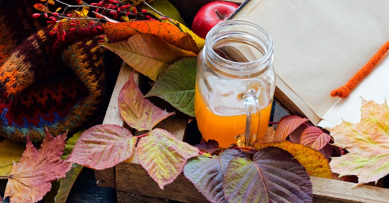 Mason jar cider fall cozy decoration leaves and sweater