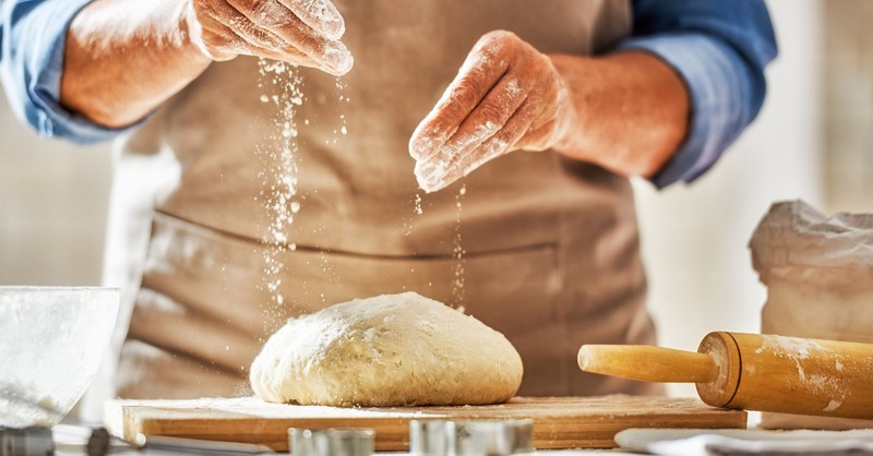 Man baking making homemade bread food kitchen