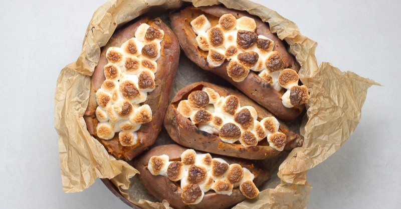 Sweet potatoes topped with toasted marshmallows