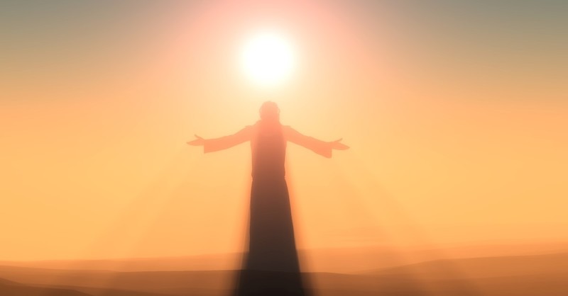 jesus with arms outraised sunshine, resurrected jesus