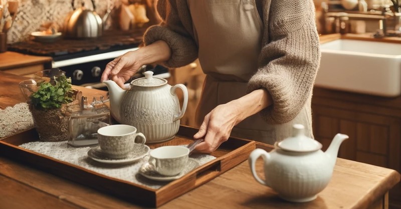 Senior woman hands making tea hosting at home