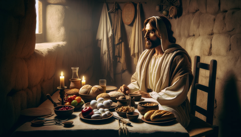 Jesus sitting down for a biblical meal, AI