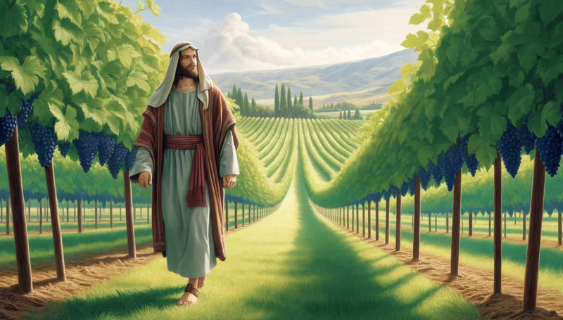 Jesus walking through a vineyard, AI