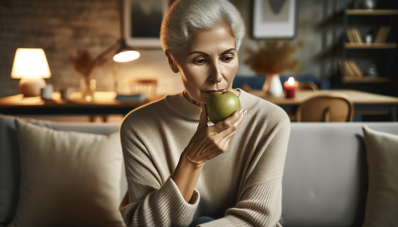 older woman eating an apple, AI