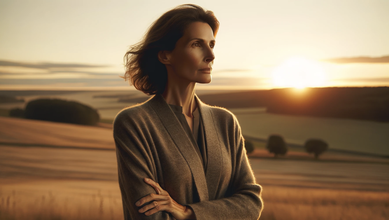 middle-aged woman looking into sunset, AI