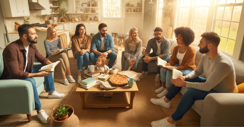 Group of married couples gathering for Bible study; closing prayer of thanks for fellowship