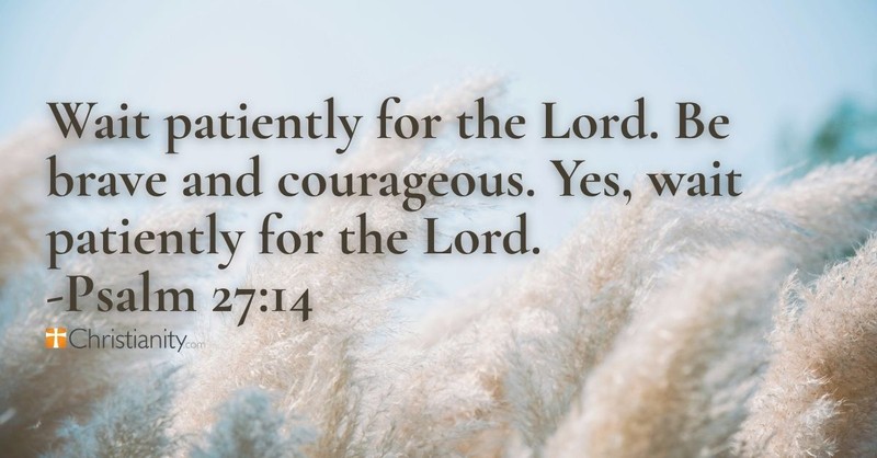 Psalm 27:14 Bible verse about waiting on the Lord over soft nature background with calm neutral tones