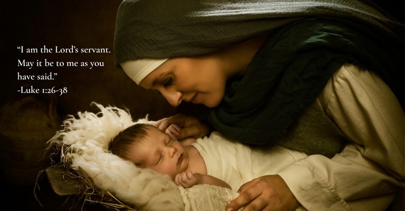 The pious depiction of Mary lovingly watching over the newborn Jesus in the manger is accompanied by the words of Luke 1:26-38, emphasizing Mary's humble faith and willingness to follow God's call.