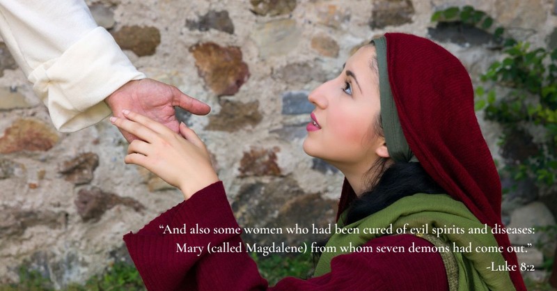 Accompanied by an illustration of Mary Magdalene reaching toward Jesus' outstretched hand and Luke 8:2, it depicts the transforming power of Christ's mercy, healing, and God's grace.