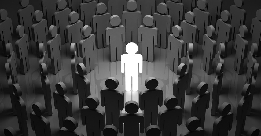 Illustration of a group of people facing one person