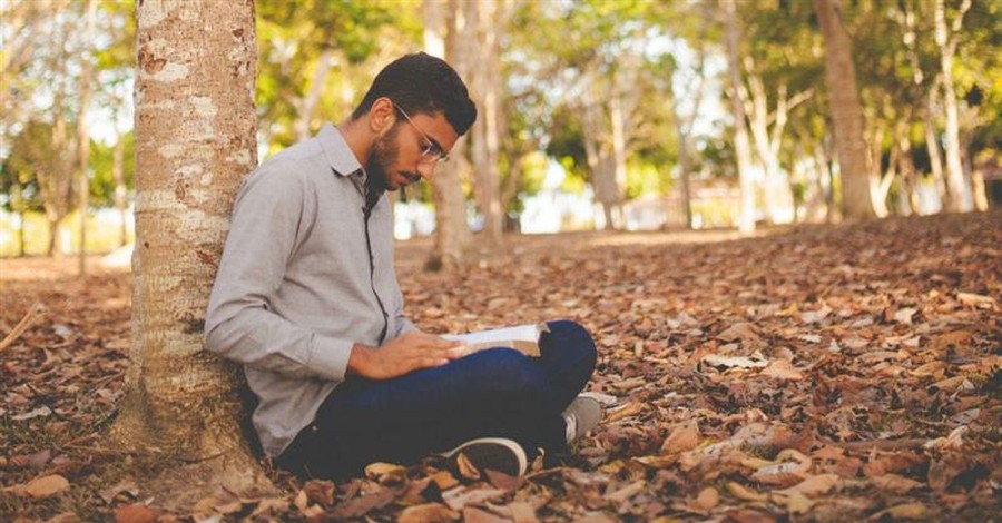 Man reading his Bible under a tree