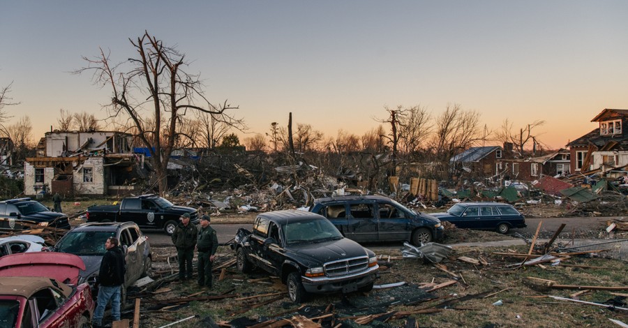 The wreckage left behind from tornadoes that ripped through Kentucky, Church congregants gather to worship Christ amid the rubble