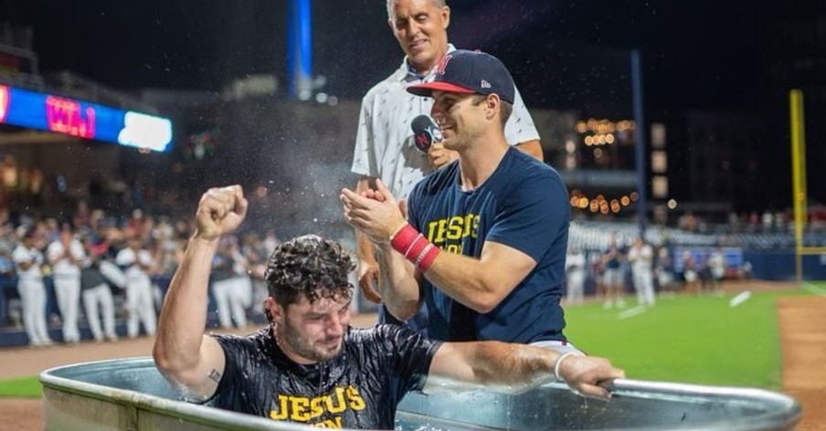 Professional Baseball Player Wes Clarke Gets Baptized on the Field after Game