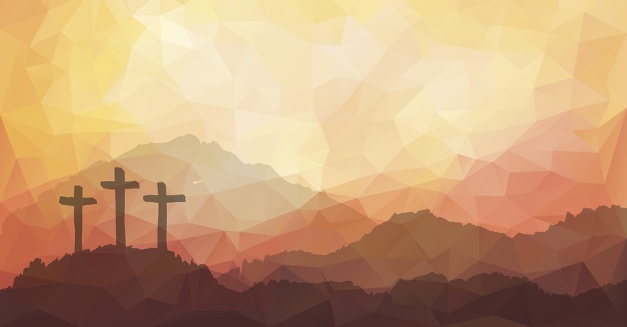 drawing of three crosses on a hill