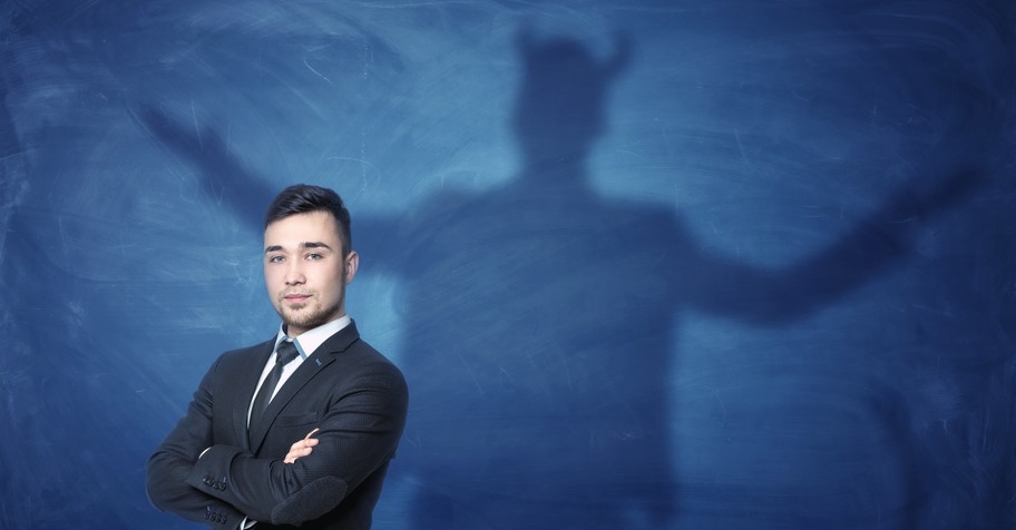 man appearing successful with shadow of evil behind him, sodom and gomorrah