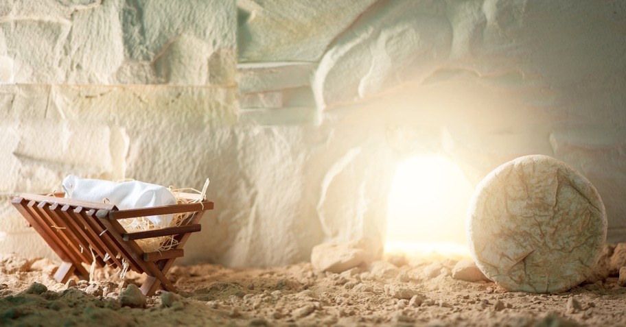 Jesus' manger sitting next to the empty tomb