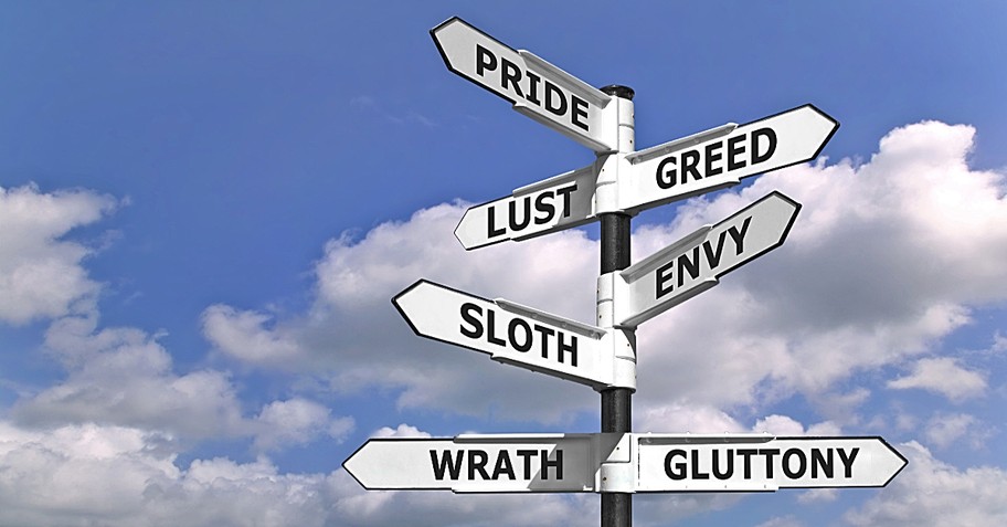 A sign post with many different directional signs pointing to different sins
