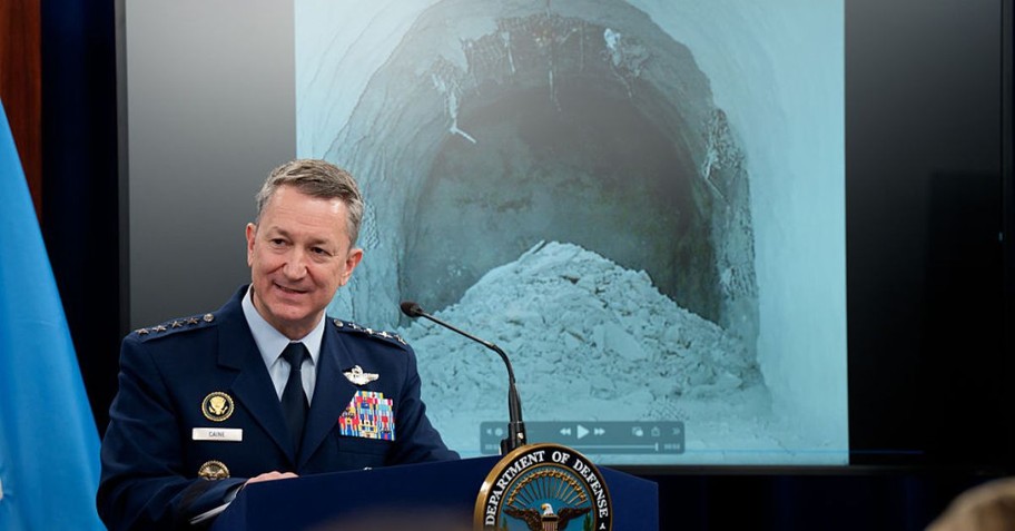 Chairman of the Joint Chiefs of Staff Air Force Gen. Dan Caine speaks after playing a video of a bombing test of the GBU-57A/B Massive Ordnance Penetrator (MOP) used in the attack on the Iranian Fordow Fuel Enrichment Plant during a news conference with U