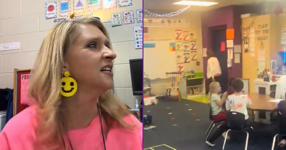 a teacher and an elderly assistant in a classroom