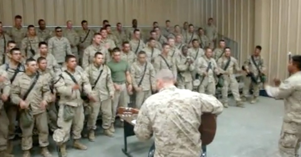 Group Of Marines Sing 'Lord, I Lift Your Name On High'