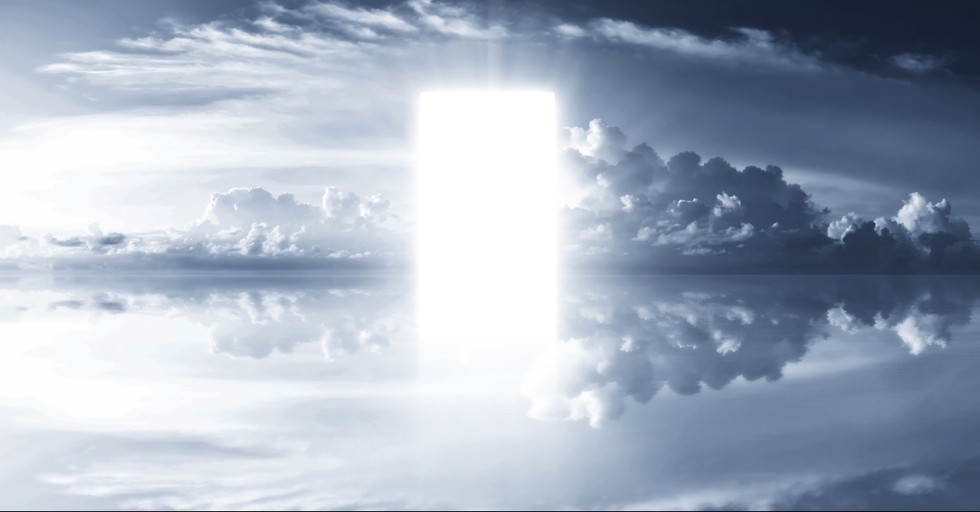 Clouds with a bright door to signify heaven instead of a lake of fire