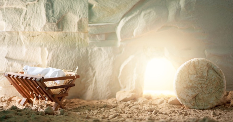 Jesus' manger sitting next to the empty tomb
