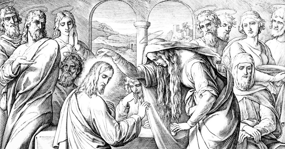 Jesus Anointed at Bethany-German engraving 19th century, holy wednesday reflections holy week