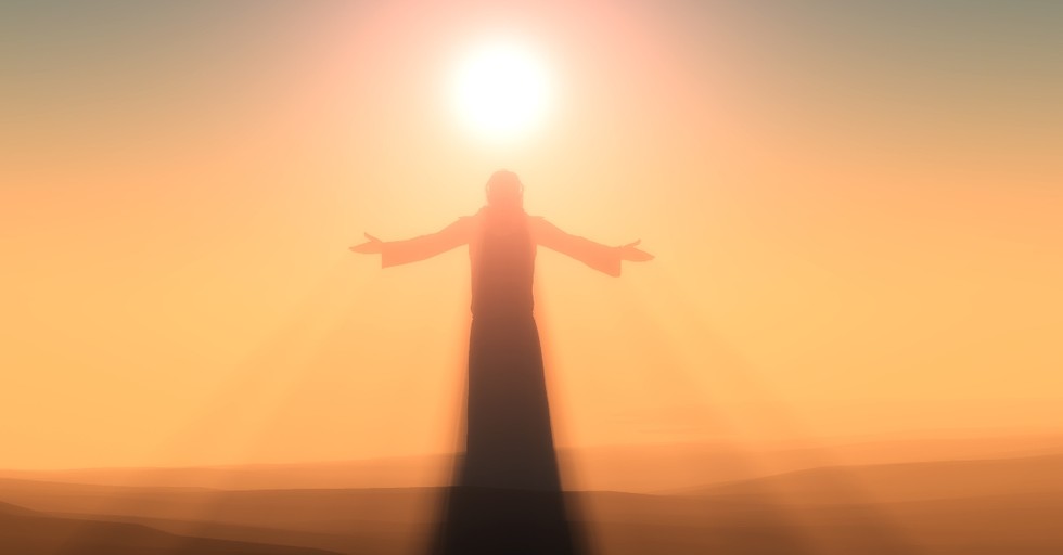 Jesus met son op die agtergrond, wanneer ons almal hemel toe gaan